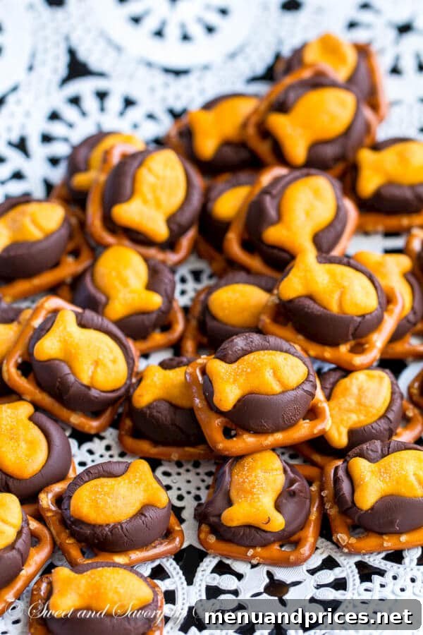 Goldfish Chocolate Crunchies 3 Close-up of freshly made sweet and salty chocolate Goldfish cracker bites, ready to be enjoyed.