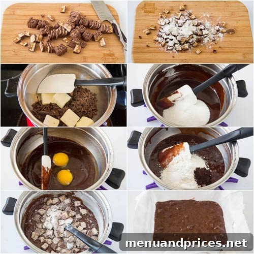 Decadent Snickers Fudge Brownies 3 Step-by-step images showing the process of making Snickers brownies, from mixing ingredients to adding chopped Snickers.