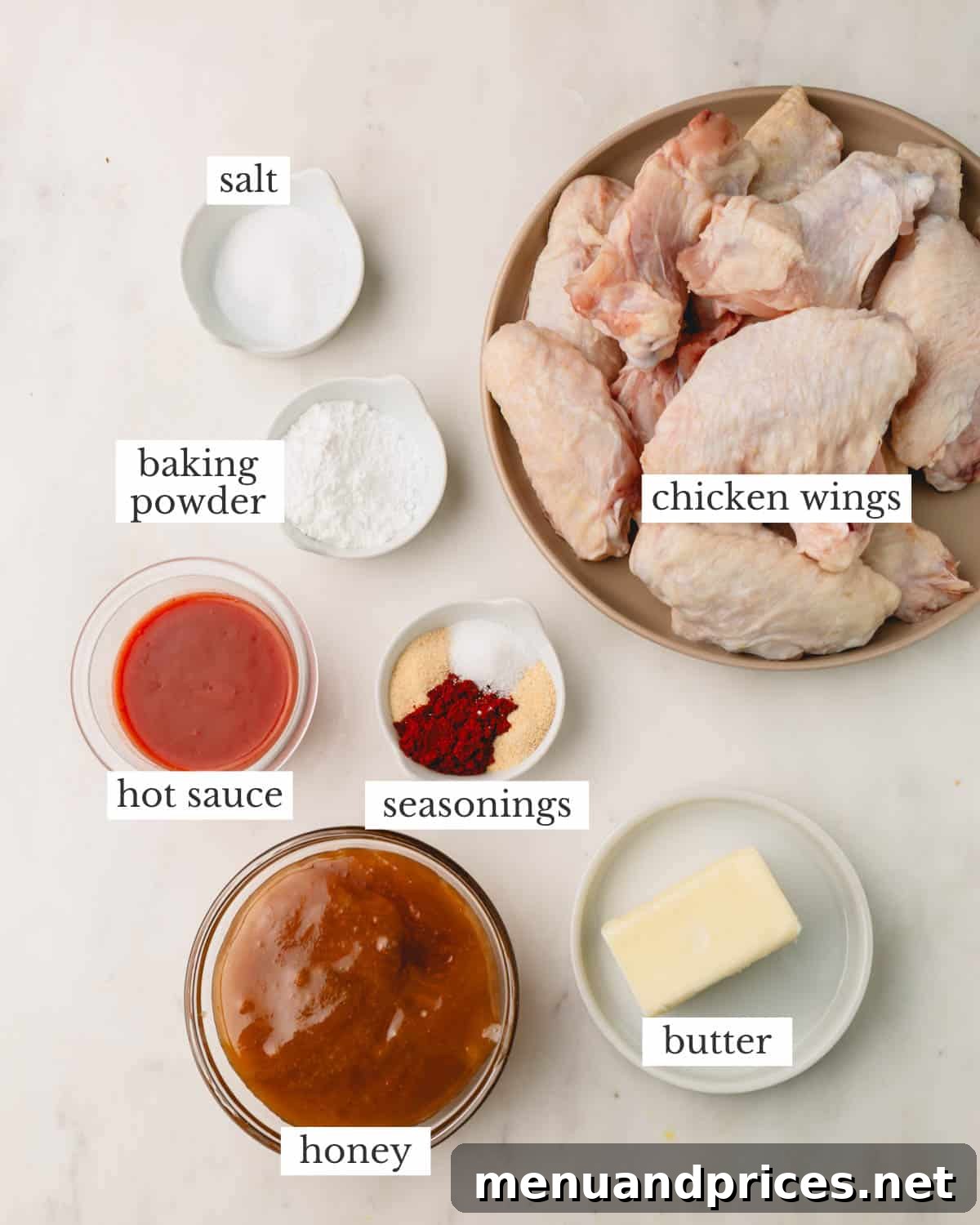 Sticky Sweet Heat Wings 4 A flat lay showing all the ingredients required to make hot honey chicken wings.