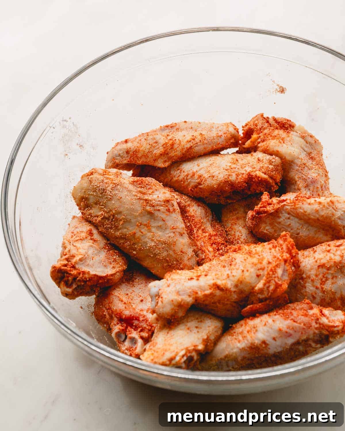 Sticky Sweet Heat Wings 8 Raw seasoned chicken wings, perfectly coated and ready for cooking, in a bowl.