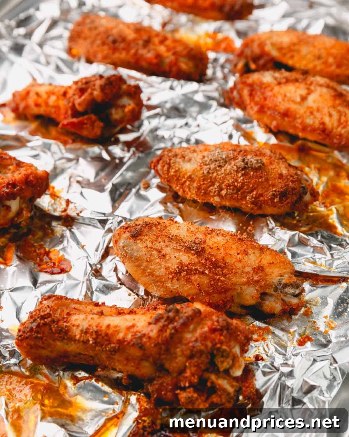 Sticky Sweet Heat Wings 10 Perfectly baked chicken wings on an aluminum foil lined baking sheet, golden and crisp.