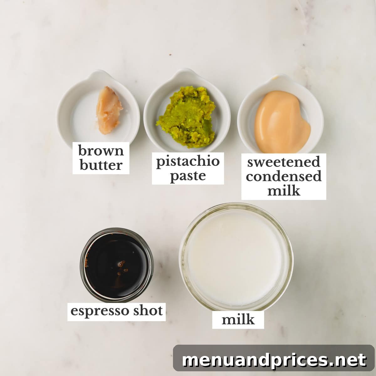 Brown butter, pistachio paste, sweetened condensed milk, espresso, and milk to make a pistachio latte.