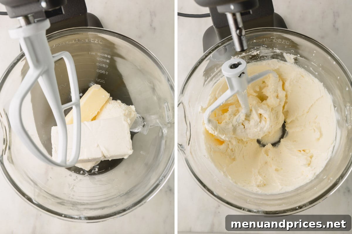 Strawberry Cheesecake Frosting 5 Image showing softened cream cheese and butter being whipped together in a stand mixer until light and fluffy.