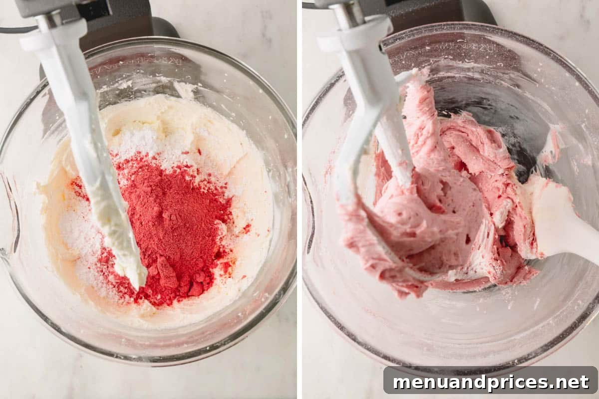 Strawberry Cheesecake Frosting 6 Strawberry powder being added to the whipped cream cheese mixture, then gently folded and mixed in until fully incorporated.