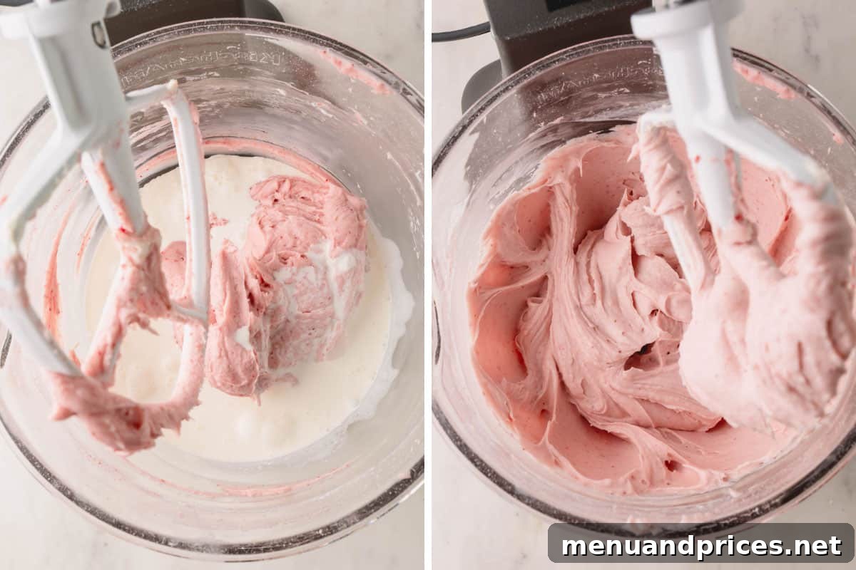Strawberry Cheesecake Frosting 7 Cold heavy cream being added to the strawberry cream cheese frosting and then mixed until it transforms into a light and fluffy consistency.