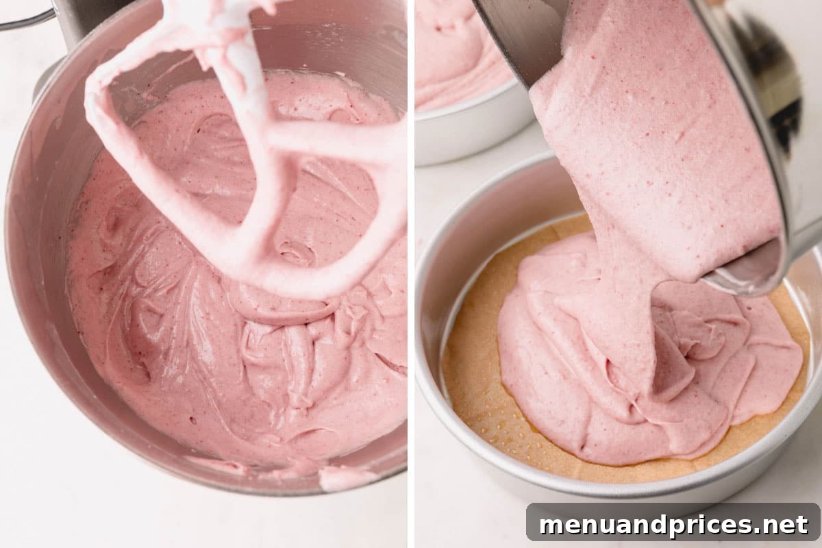 Sweet Strawberry Dream 12 A stand mixer bowl filled with strawberry cake batter, alongside a lined cake pan with batter being carefully poured in, illustrating the next step in the baking process.