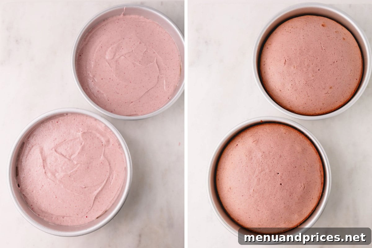 Sweet Strawberry Dream 13 A pair of round cake pans, one filled with raw strawberry cake batter and the other containing a perfectly baked, golden-edged strawberry cake, showcasing the transformation.