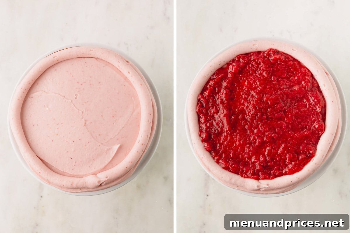 Sweet Strawberry Dream 16 A frosted strawberry cake layer with a piped border, carefully filled with a spoonful of vibrant strawberry syrup in the center.