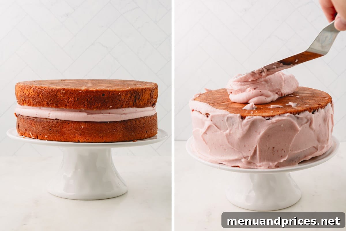 Sweet Strawberry Dream 17 Two strawberry cake layers expertly stacked on a cake stand with strawberry frosting in between, transitioning to the cake being fully coated in a smooth layer of frosting.