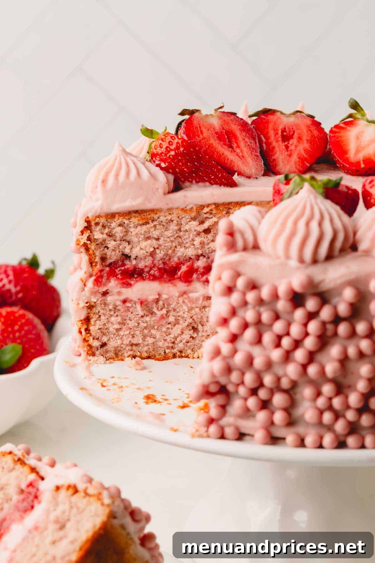 Sweet Strawberry Dream 20 A stunning two-layer strawberry cake with a slice already missing, revealing the luscious strawberry sauce nestled between its vibrant pink layers and perfectly frosted exterior.