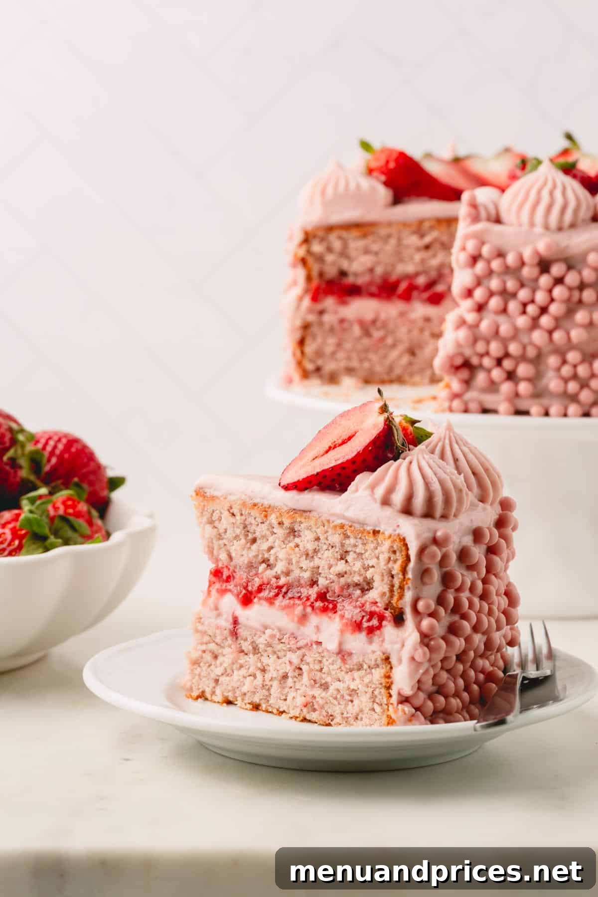 Sweet Strawberry Dream 3 A delectable slice of layered frosted strawberry cake sits on a small white plate, perfectly positioned next to the remainder of the gorgeous cake on its stand, highlighting the rich layers and creamy frosting.