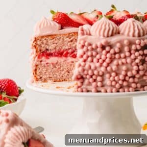 A two-layer frosted strawberry cake on a cake stand with a slice missing, showcasing its delicious layers.