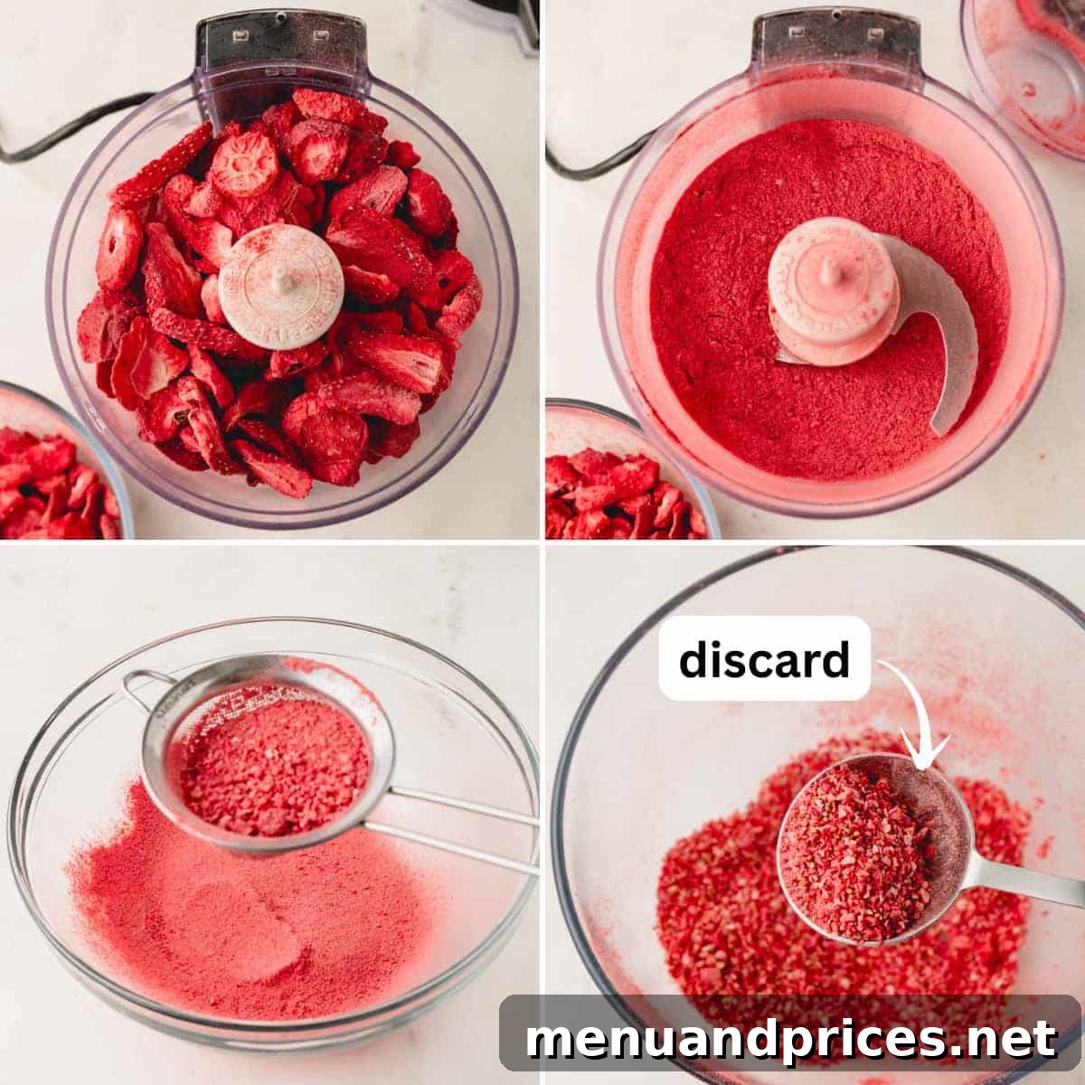 Sweet Strawberry Dream 6 A visual guide showing four stages of processing freeze-dried strawberries: whole, partially crushed, finely powdered, and then sifted, ready for baking.