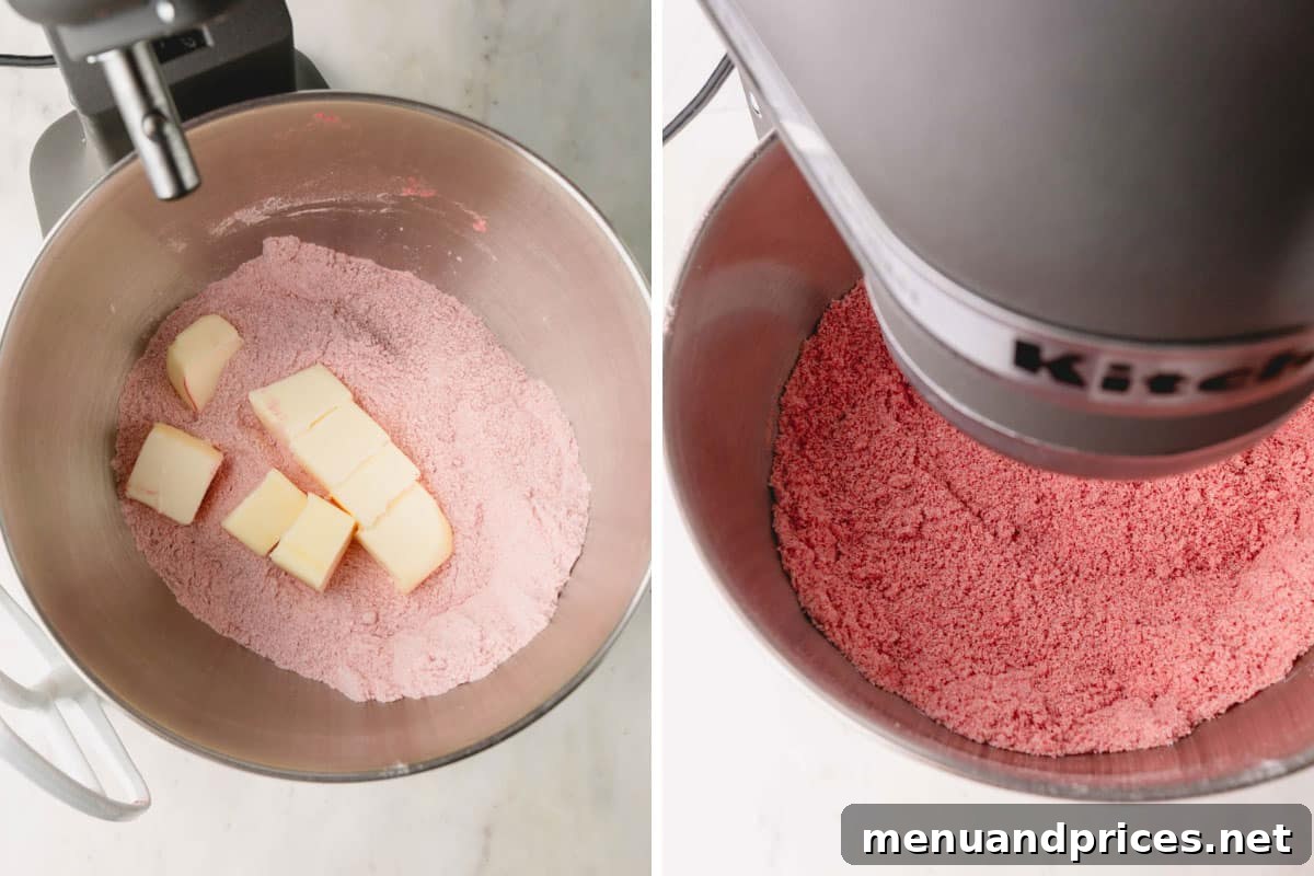 Sweet Strawberry Dream 9 Softened butter being gradually mixed into a bowl of dry ingredients and freeze-dried strawberry powder, creating a crumbly texture.