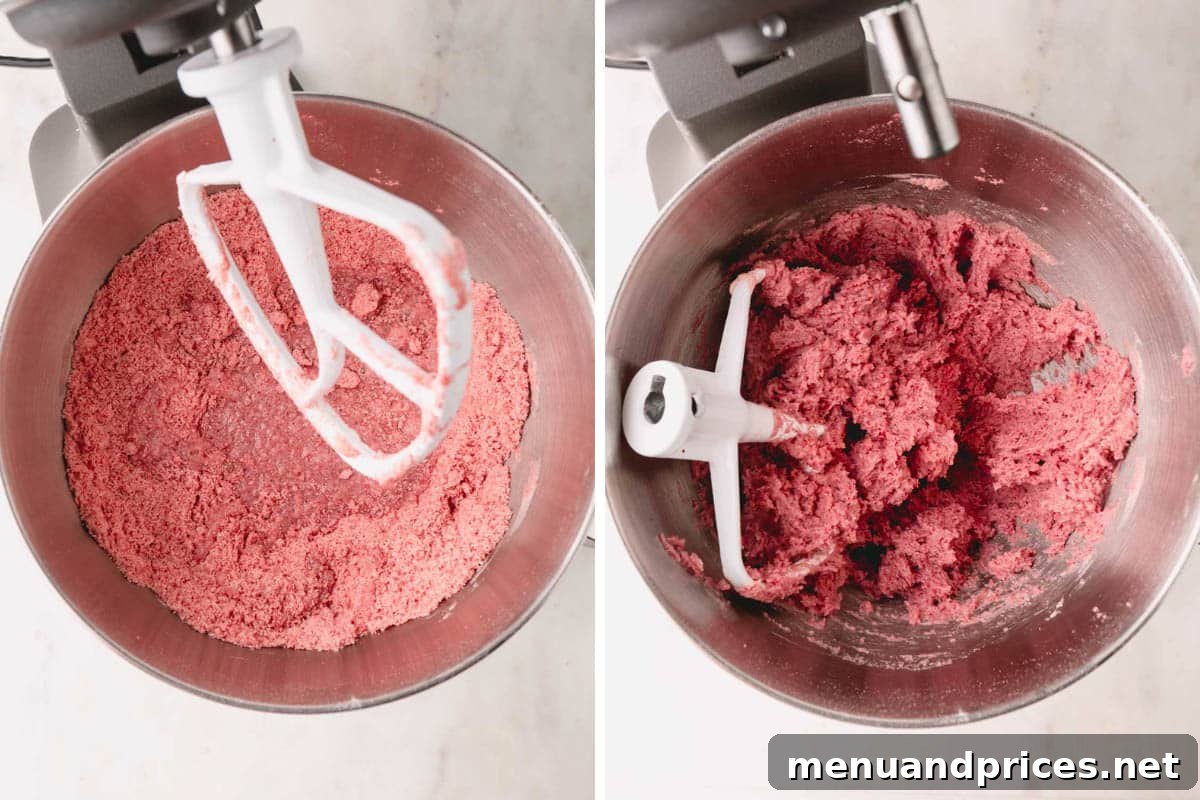 Sweet Strawberry Dream 10 The strawberry cake batter, now incorporating egg whites, being gently mixed in a stand mixer with a whisk attachment to create a smooth consistency.