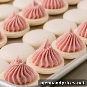 White macaron shells topped with strawberry ganache, close-up view.