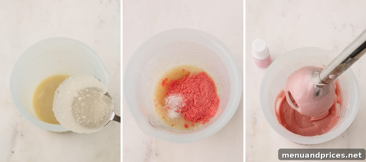 Strawberry Silk Dairy Free Ganache 7 Gelatin powder and vibrant freeze-dried strawberry powder being added to the ganache mixture, ready for blending.
