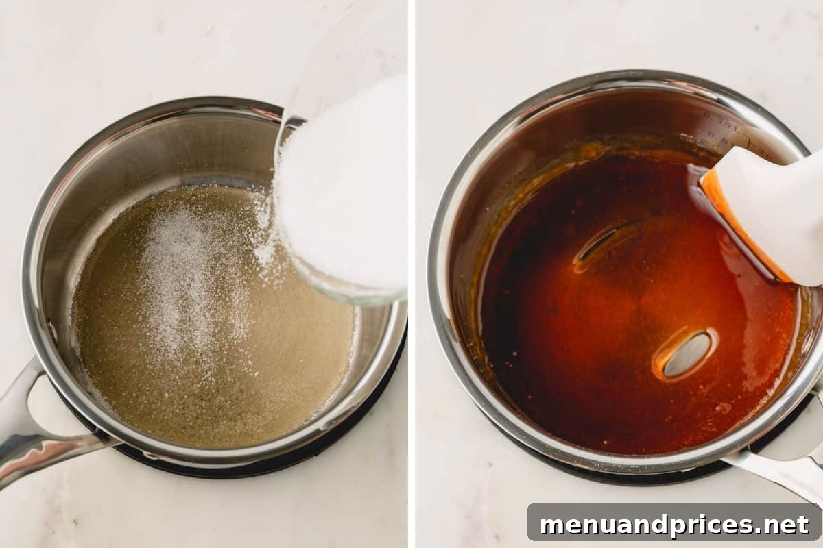 Luscious Plant-Based Caramel Filling 5 Sugar being melted into a pot, gradually transforming into golden caramel.