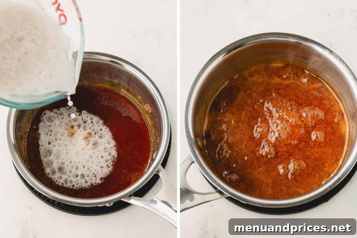 Luscious Plant-Based Caramel Filling 6 Hot coconut cream being slowly poured into melted sugar in a pot.