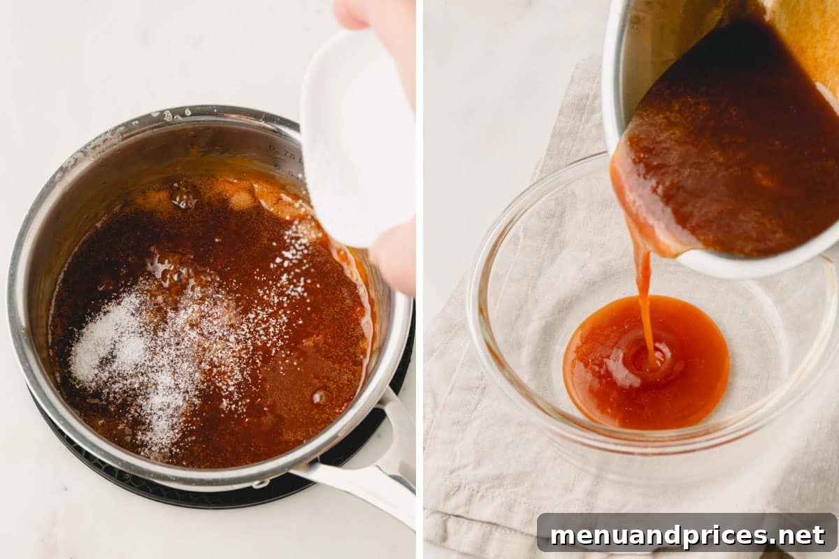 Luscious Plant-Based Caramel Filling 7 Salt being added to hot caramel, then the caramel filling being transferred to a bowl.