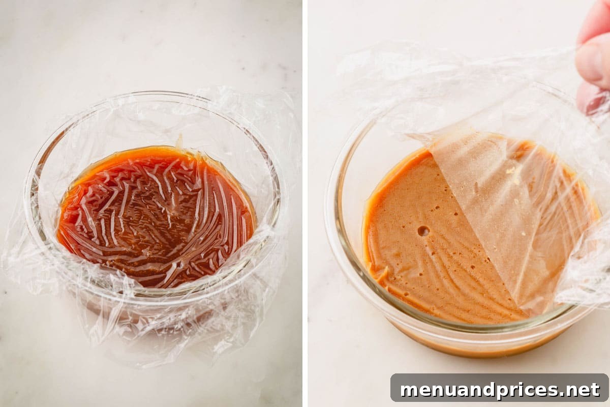 Luscious Plant-Based Caramel Filling 8 Vegan caramel filling cooling in a bowl covered with plastic wrap.