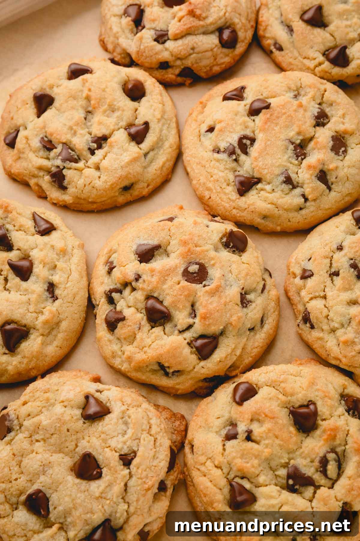 Decadent Thick and Chewy Chocolate Chip Cookies 17 A close-up of thick and chewy chocolate chip cookies on a parchment paper-lined baking sheet, showcasing their perfect texture.