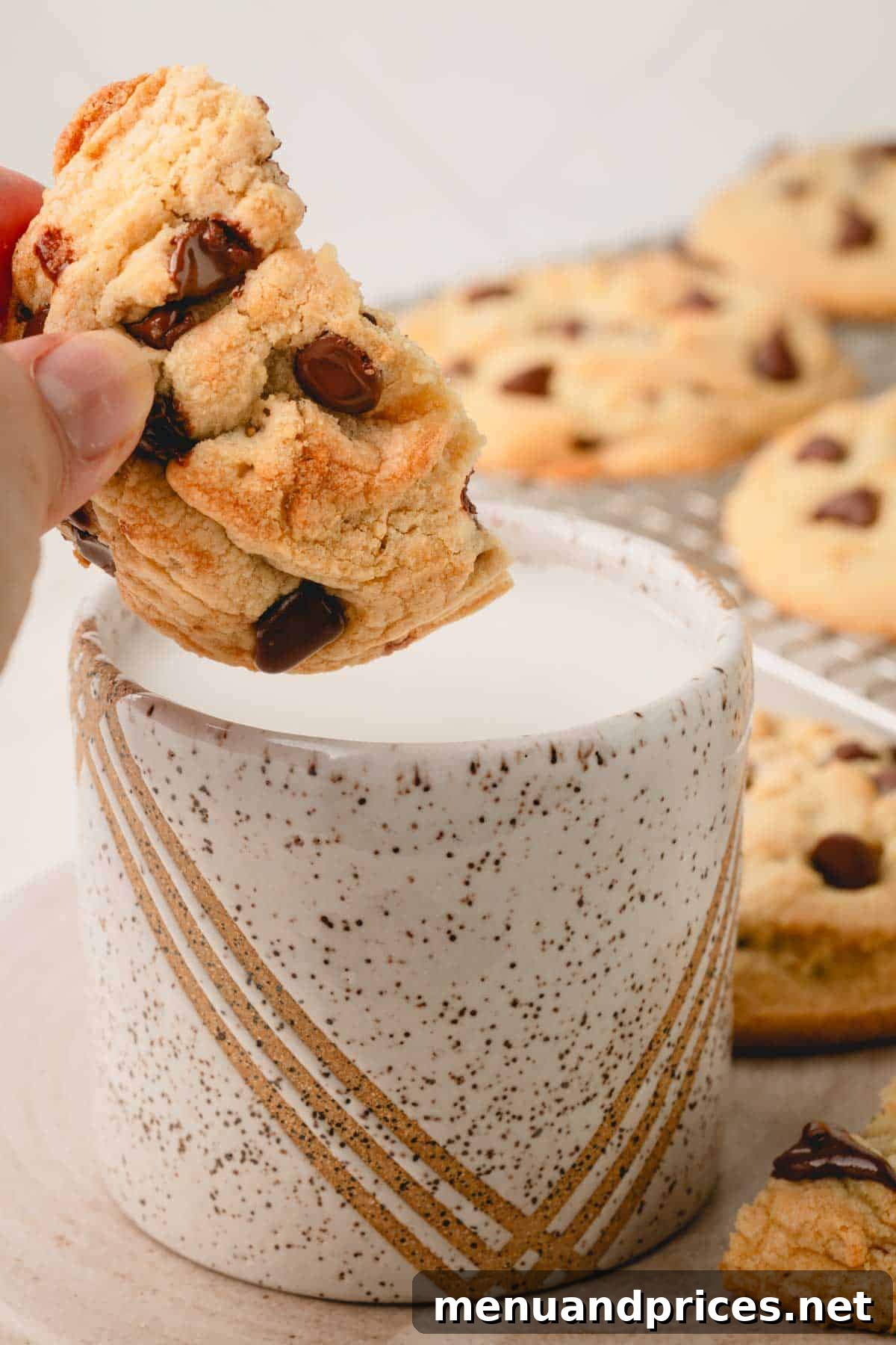 Decadent Thick and Chewy Chocolate Chip Cookies 18 Half a thick and chewy chocolate chip cookie being dipped into a cold glass of milk, a classic pairing.