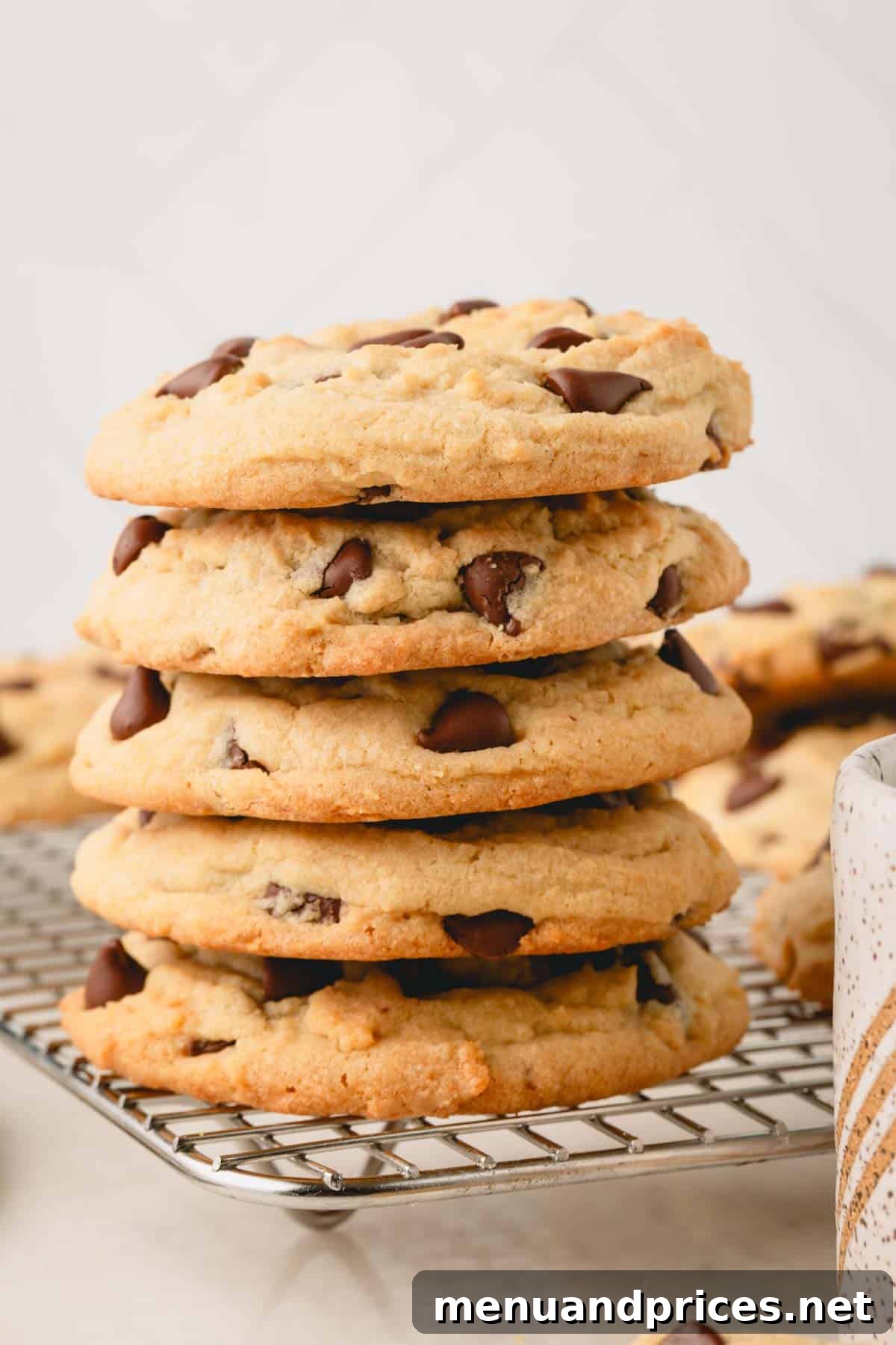 Decadent Thick and Chewy Chocolate Chip Cookies 3 A perfectly stacked pile of five thick and chewy chocolate chip cookies.
