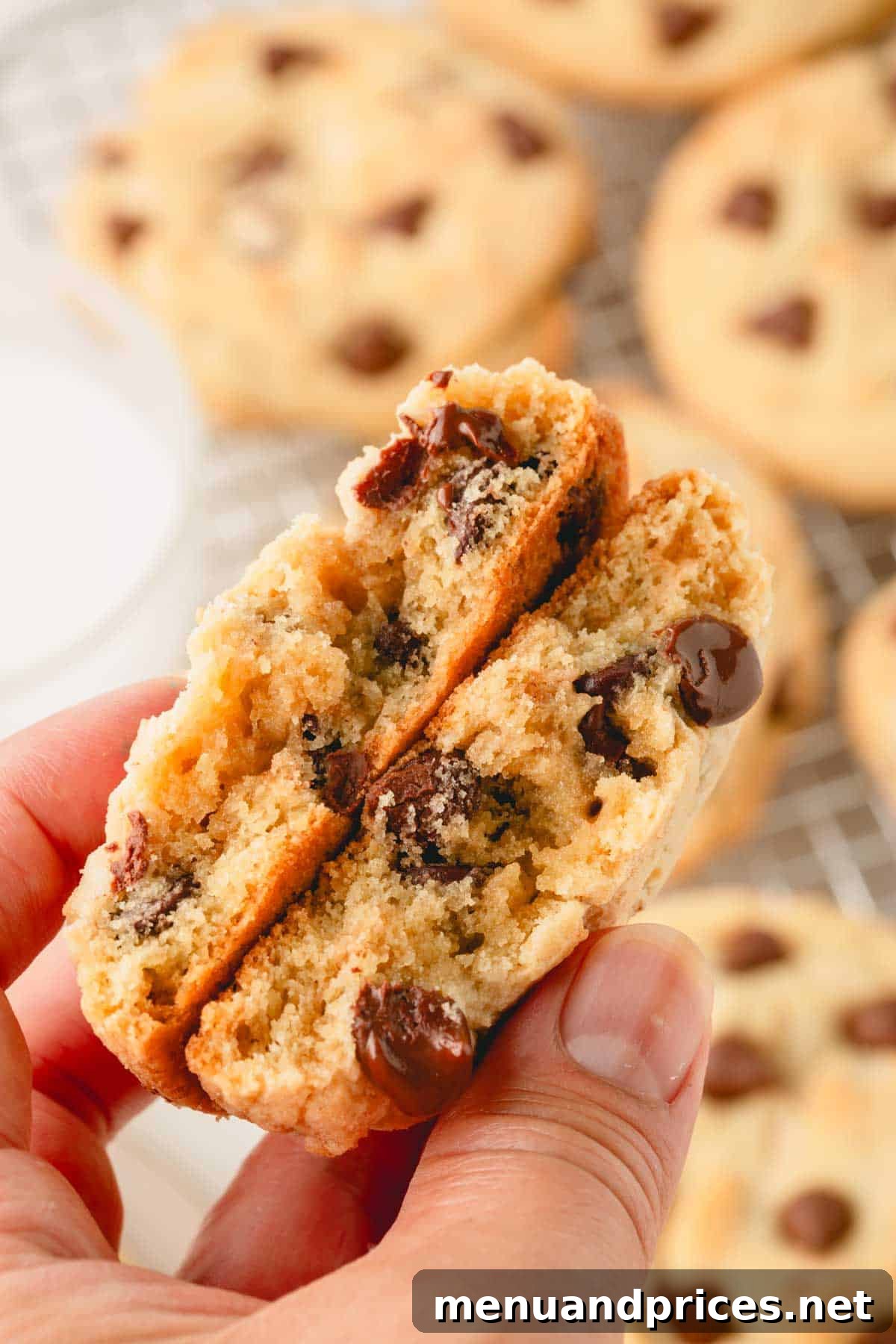 Decadent Thick and Chewy Chocolate Chip Cookies 4 A hand gently breaking apart a warm, thick and chewy chocolate chip cookie, revealing its soft, gooey interior.