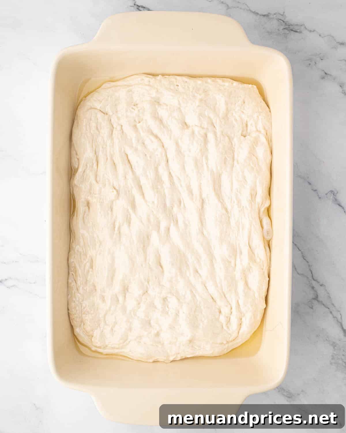 Foolproof Homemade Focaccia 12 Raw focaccia dough delicately placed on a generous layer of olive oil in a baking dish, ready for its final proof.