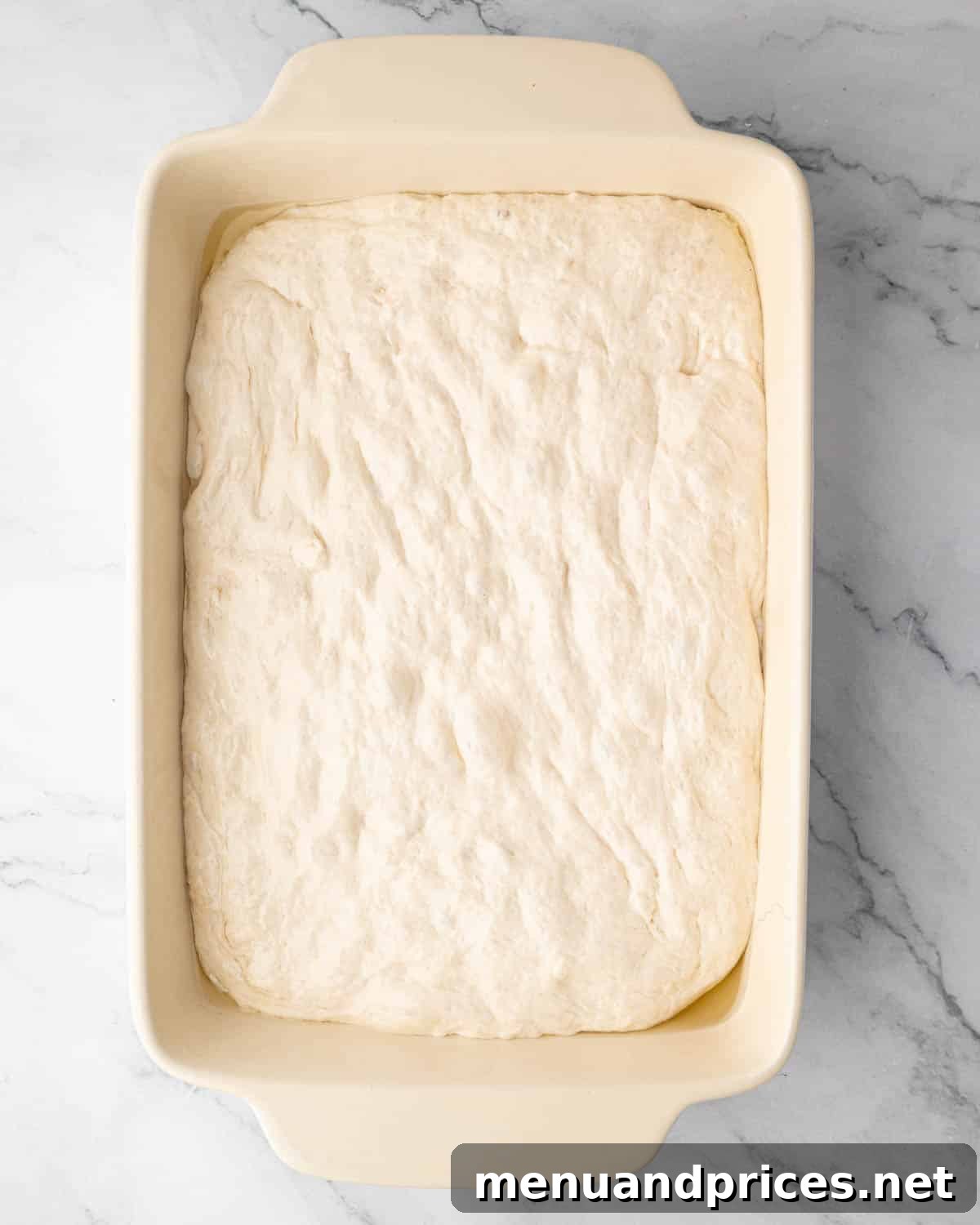 Foolproof Homemade Focaccia 13 Raw focaccia bread dough gently spread across a baking dish, showing its puffy texture after the final rise, before dimpling.