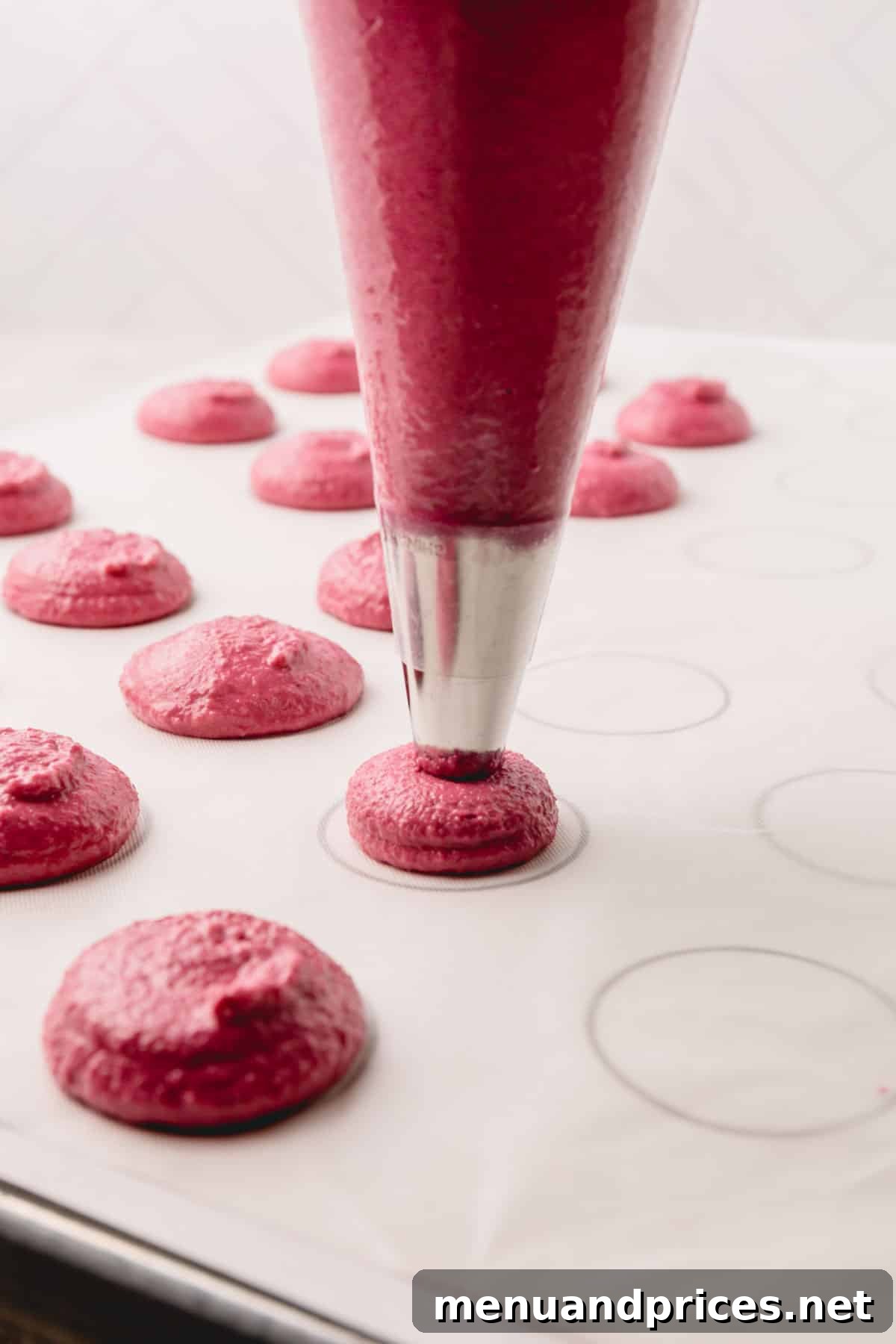 A piping bag carefully piping cranberry macaron batter onto a parchment-lined baking sheet.