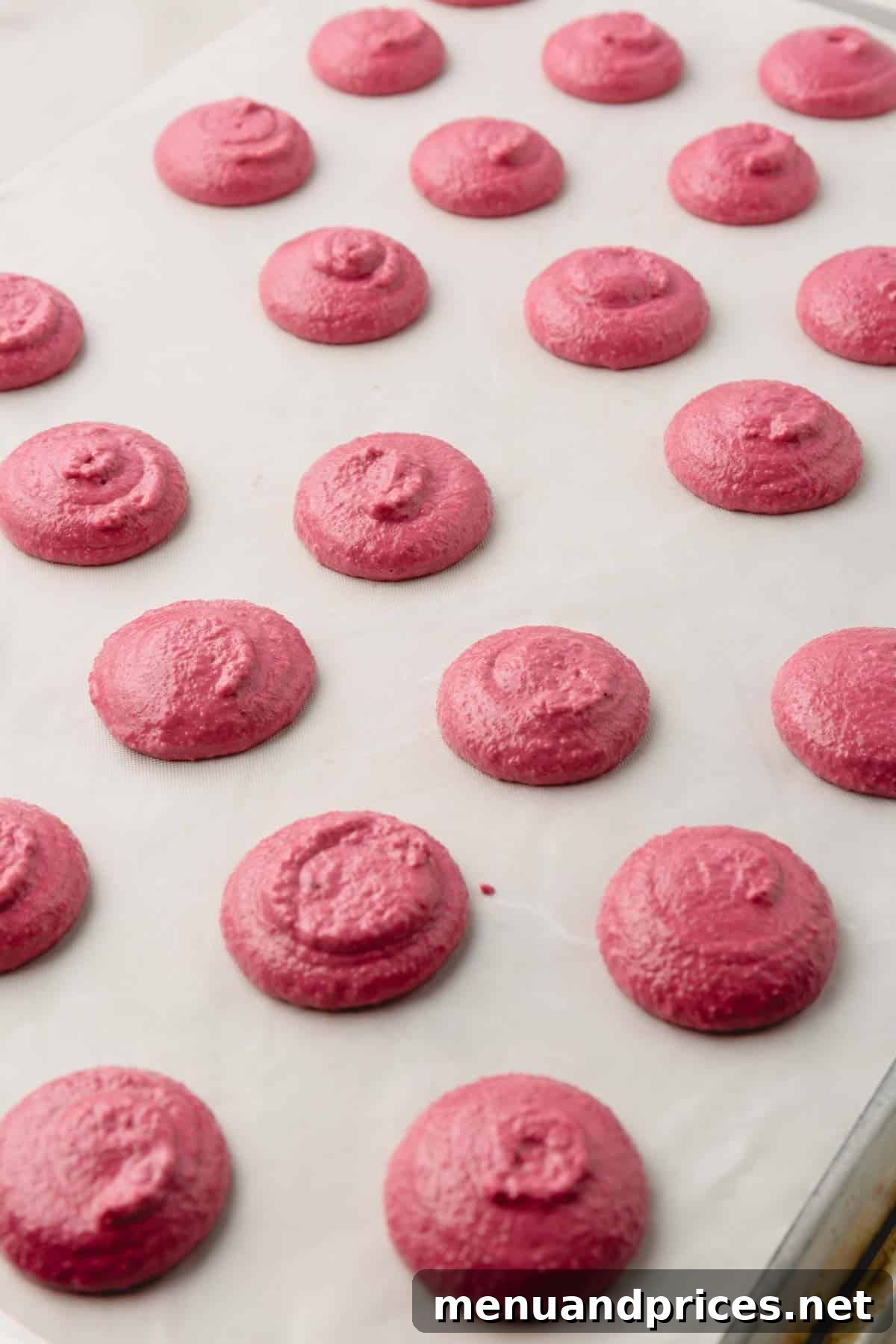 Rows of perfectly piped raw cranberry macaron shells awaiting their rest on a parchment paper sheet.