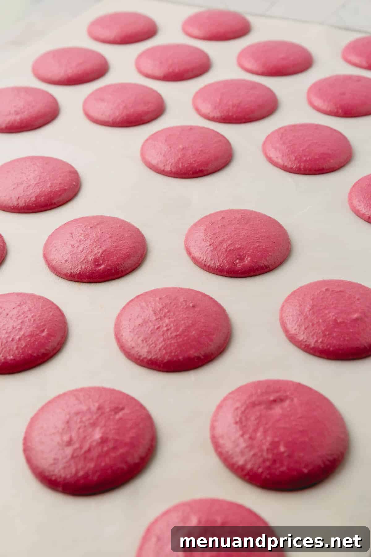 Raw burgundy macaron batter perfectly piped onto a sheet of parchment paper, ready for resting.