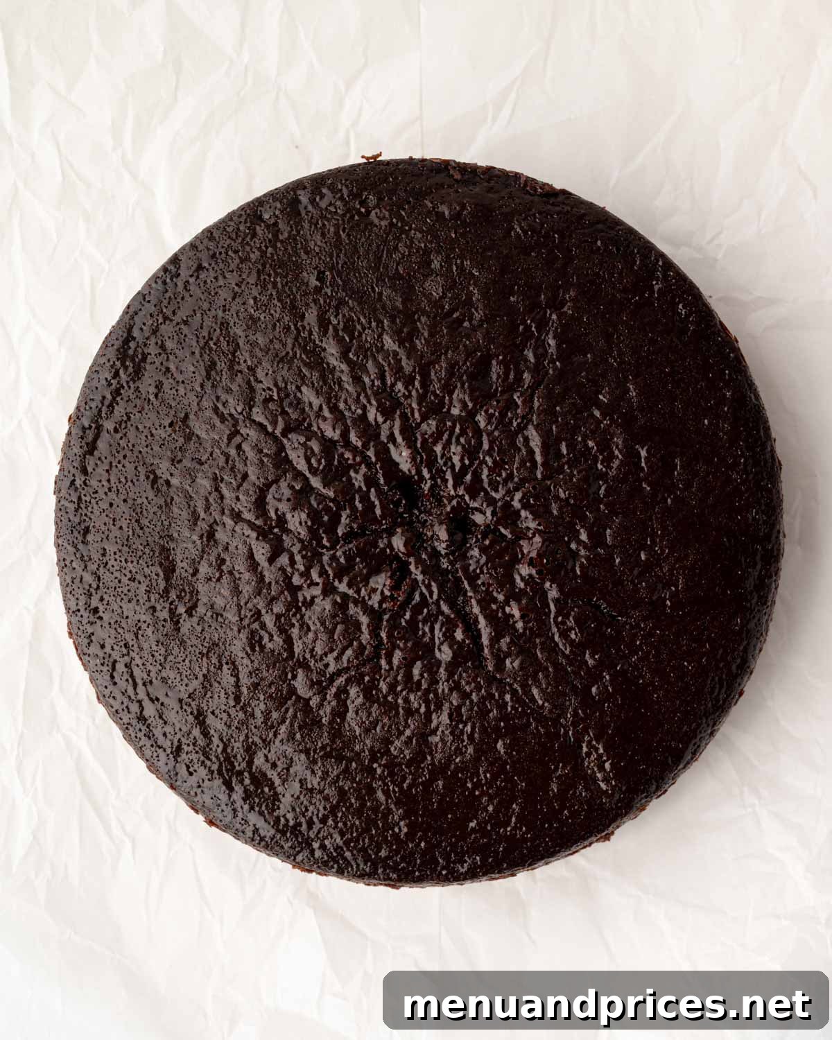 A perfectly round chocolate cake layer placed on a serving plate, ready for filling.