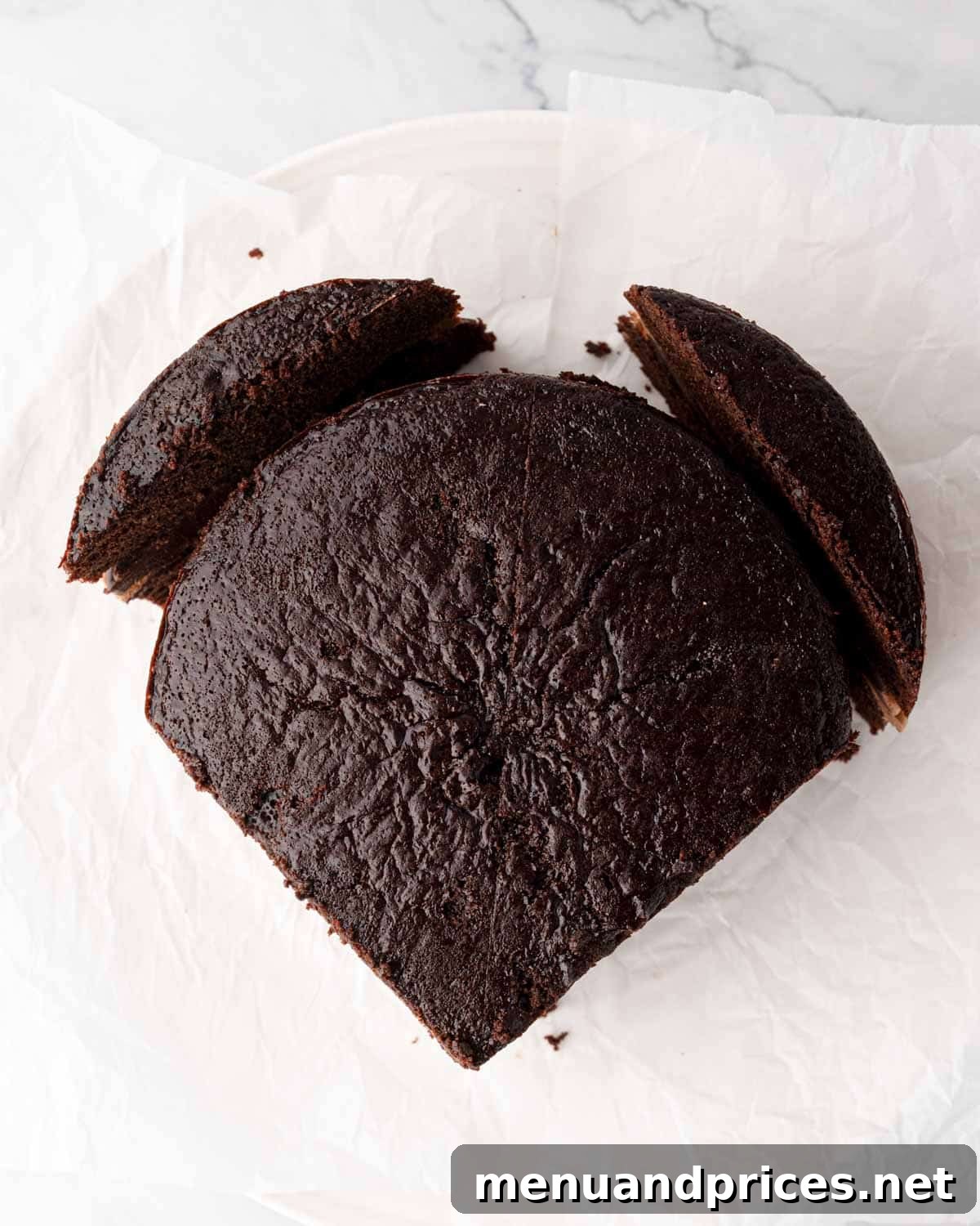 A round chocolate cake being expertly shaped into a heart, with cut pieces being repositioned.