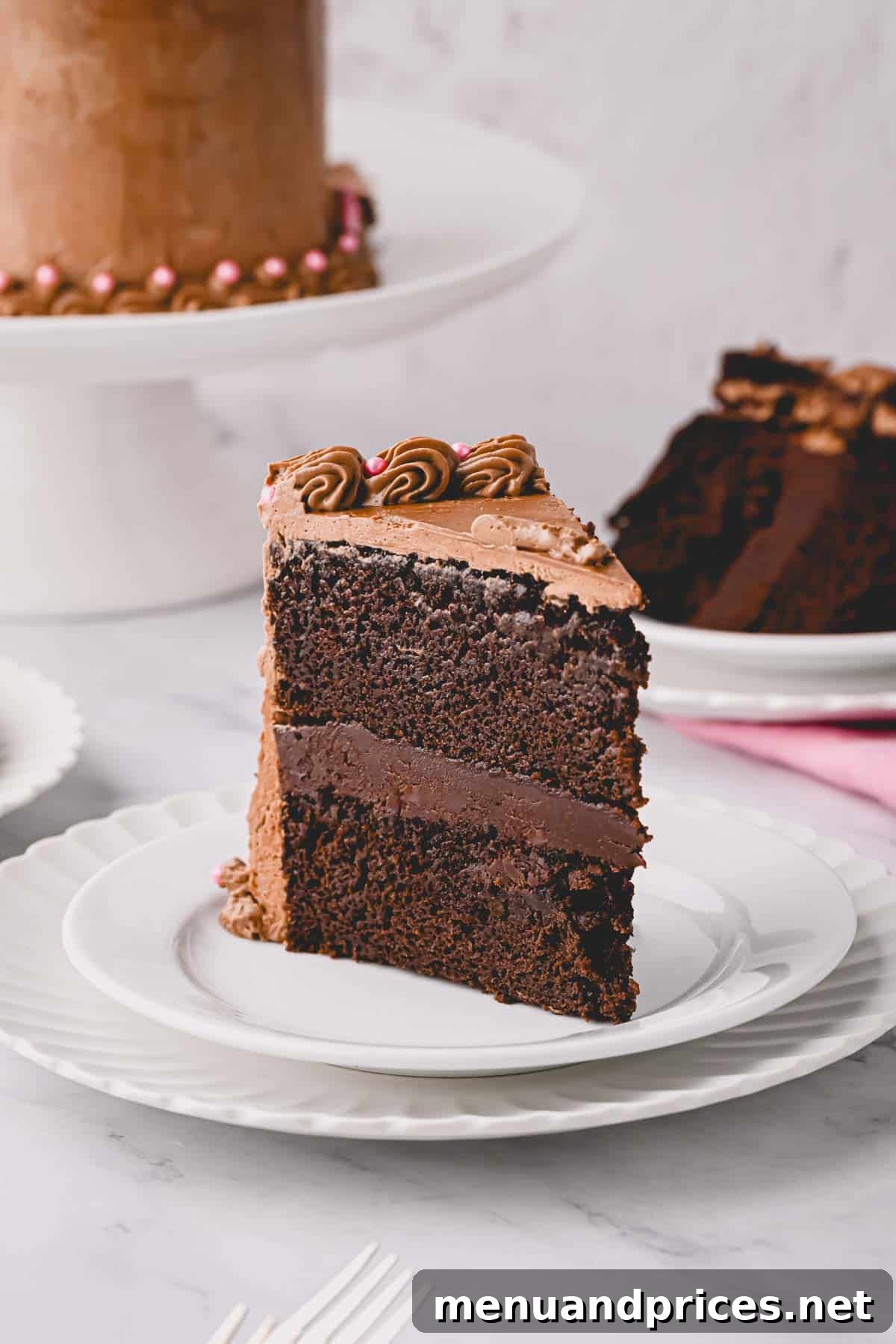 A beautifully presented slice of layered chocolate heart cake on a white plate, showcasing its distinct layers of cake, ganache, and buttercream.