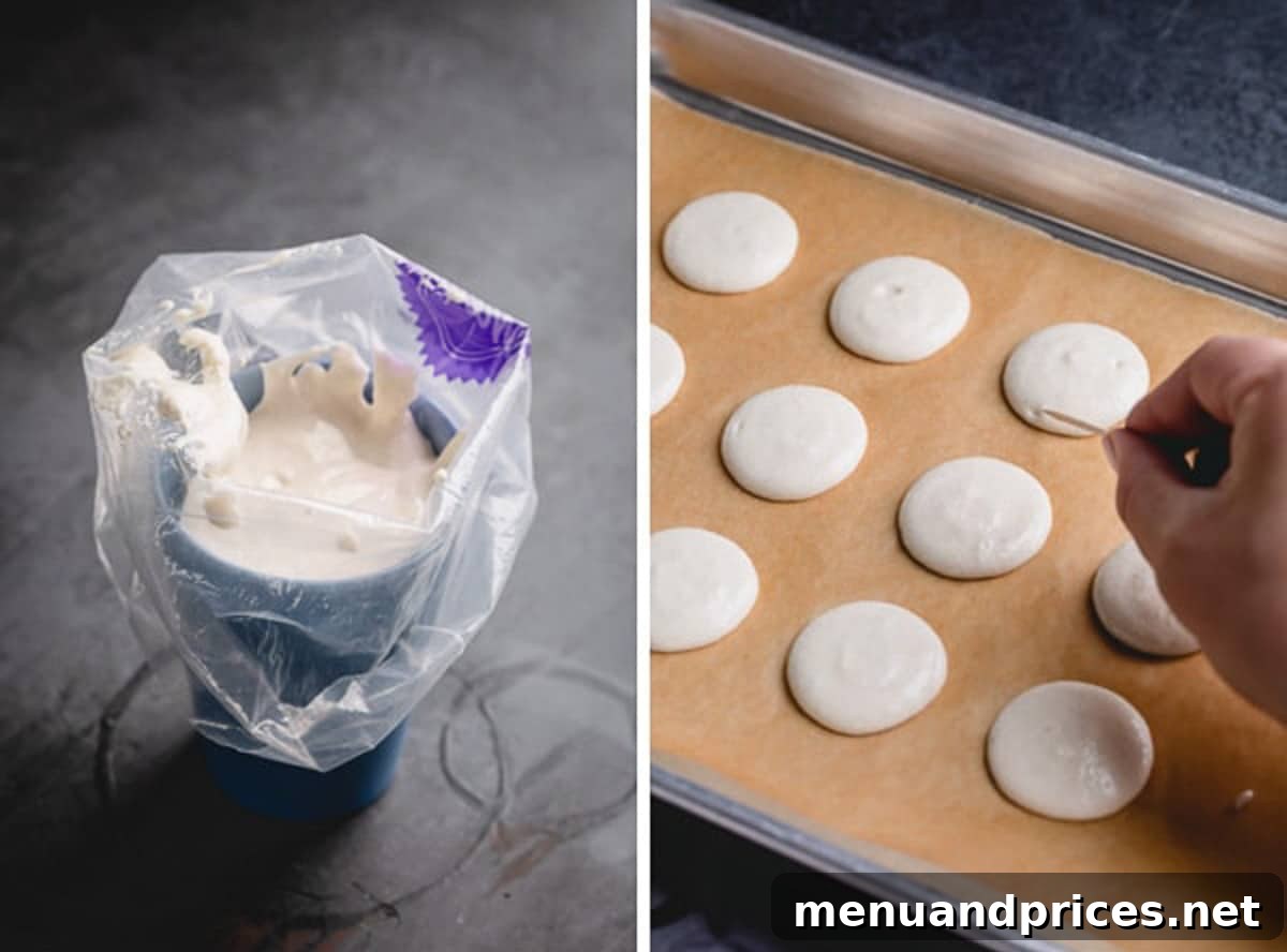 Espresso Dream Macarons 12 Side by side images of macaron batter in a piping bag and piped macaron shells.