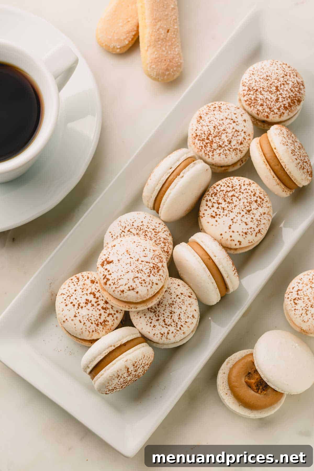 Espresso Dream Macarons 3 Tiramisu macarons stacked on a long white serving plate with a cup of black coffee on the side.