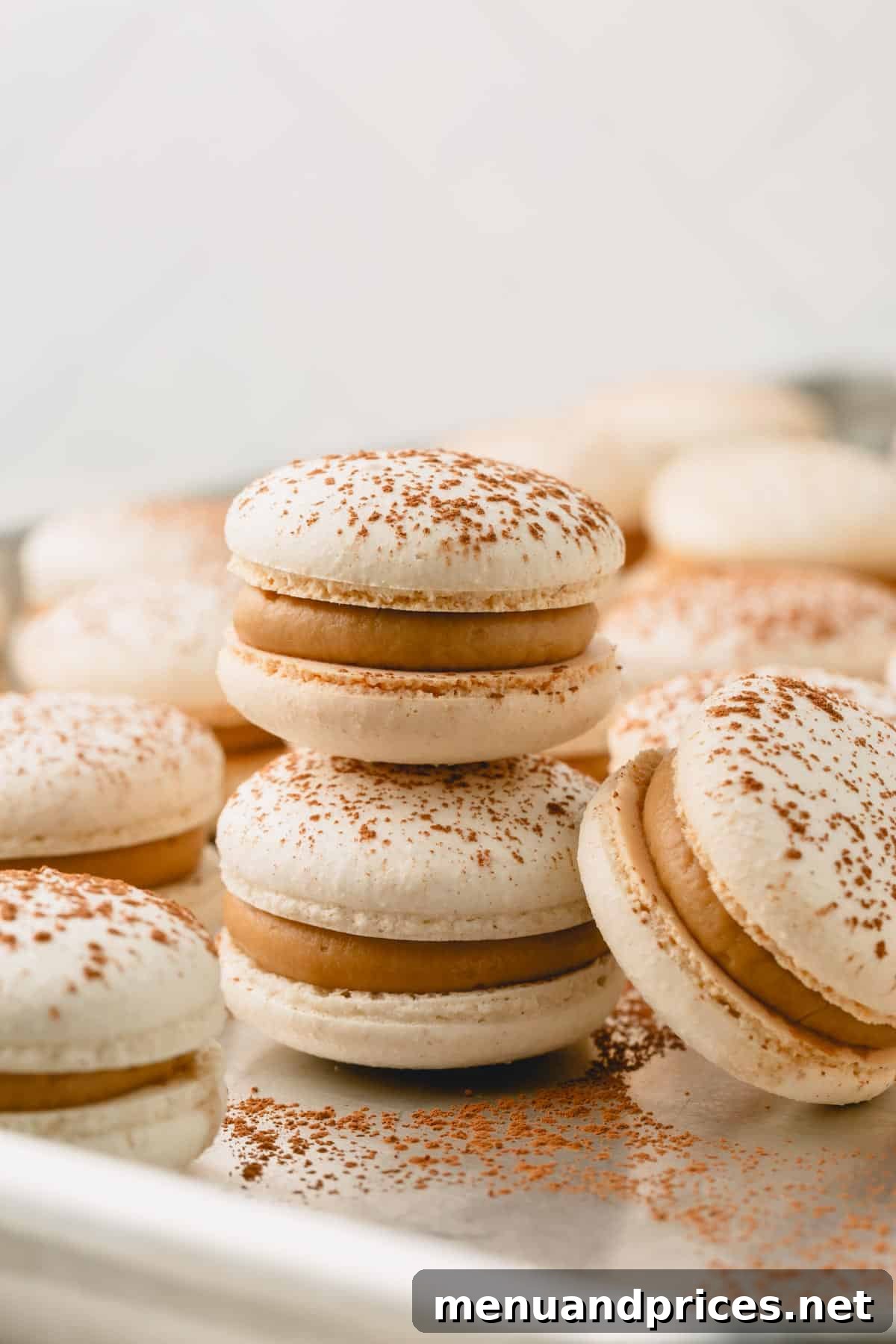 Espresso Dream Macarons 30 Two tiramisu macarons stacked on top of each other and surrounded with more macarons.
