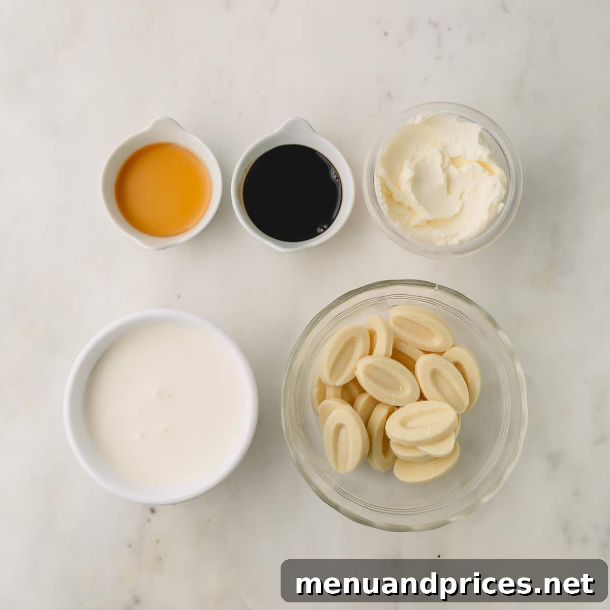 Espresso Dream Macarons 6 Espresso ganache ingredients in individual bowls.