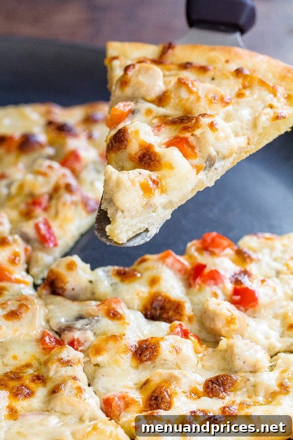 Gourmet Chicken Alfredo Pizza 3 Tips and tricks for delicious thin crust pizza with creamy cheesy chicken alfredo topping.