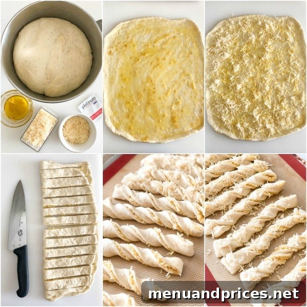 A detailed step-by-step photographic guide showing the process of rolling out dough, spreading garlic oil, sprinkling cheese, folding, cutting into strips, and twisting for roasted garlic breadsticks.