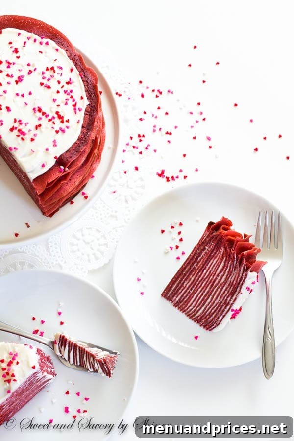 Crimson Velvet Crepe Creation 3 Beautifully layered red velvet crepe cake ready to be served for a special occasion.