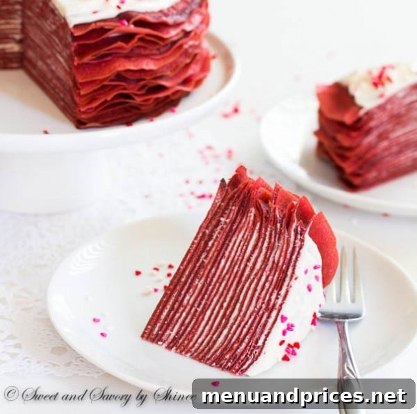 Crimson Velvet Crepe Creation 5 Impressive Red Velvet Crepe Cake, a beautiful dessert for Valentine's Day.