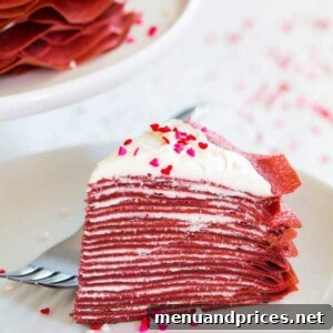 Red Velvet Crepe Cake in a recipe card setting