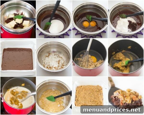 Decadent German Chocolate Brownie Bliss 4 Step-by-step photos showing the process of making German Chocolate Brownies, emphasizing the fudgy outcome.