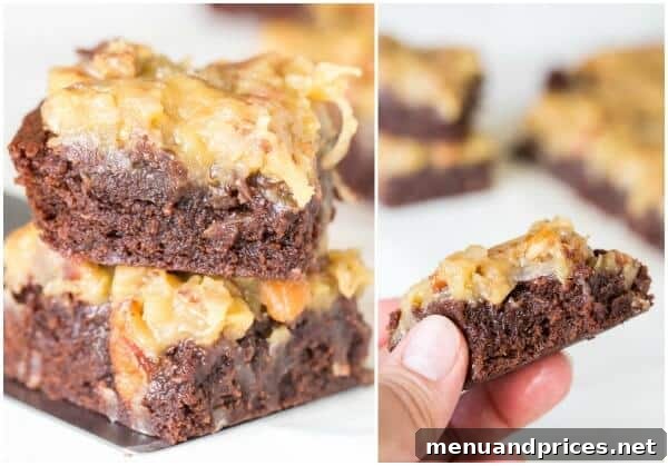 Decadent German Chocolate Brownie Bliss 5 Platter of finished German Chocolate Brownies, cut into perfect squares, promising decadent enjoyment in under an hour.