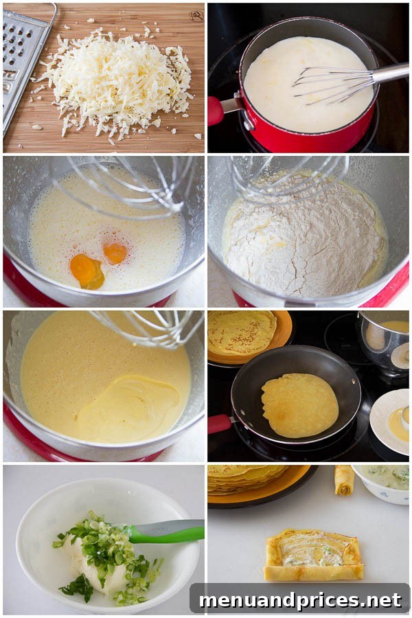 A step-by-step photo guide showing the process of making savory cheese crepes, from batter to finished crepe, illustrating the pan technique.