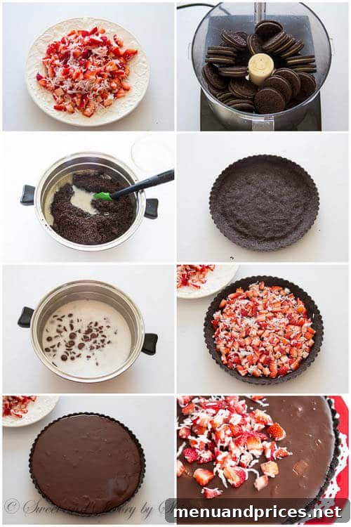 Decadent Chocolate Dream Tart 5 Step-by-step image showing ganache being poured over strawberry and coconut in a tart crust.